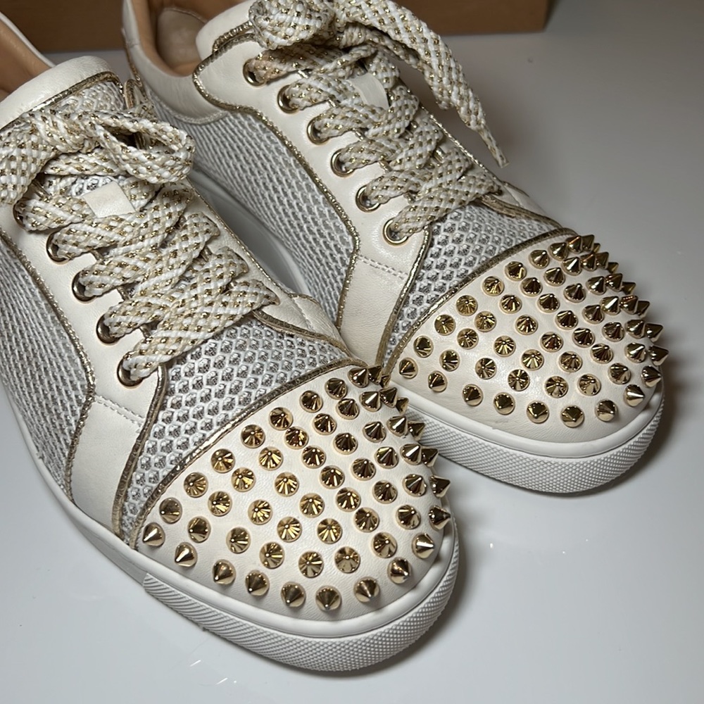 Christian Louboutin Viera Spiked Gold and White Low Top Sneaker 39.5